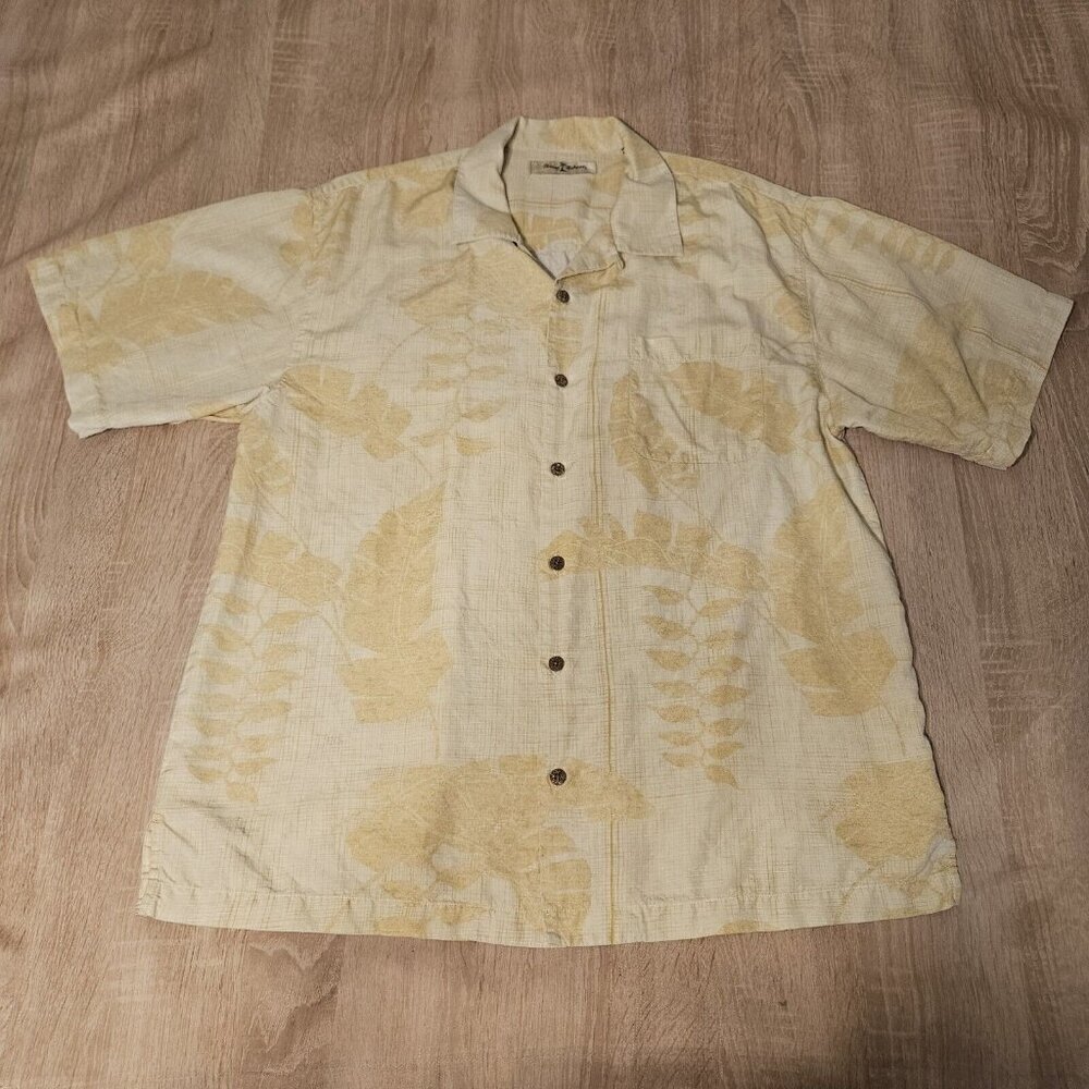 Tommy Bahama Silk Camp Shirt Mens Sz L Yellow Hawaiian Palm Fronds